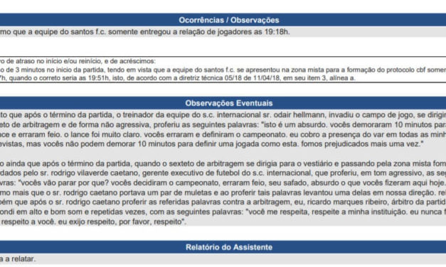 Árbitro de Inter x Santos cita Odair e Rodrigo Caetano na súmula