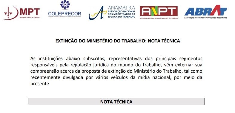 MPT e mais quatro entidades emitem nota técnica posicionando-se contra extinção do Ministério do Trabalho