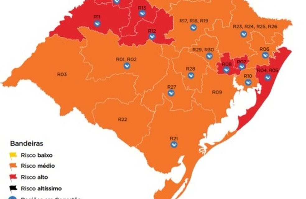 Sete regiões permanecem em bandeira vermelha em mapa de distanciamento no RS