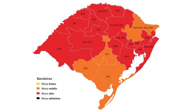 Mapa do distanciamento controlado mantém 17 regiões do RS em bandeira vermelha