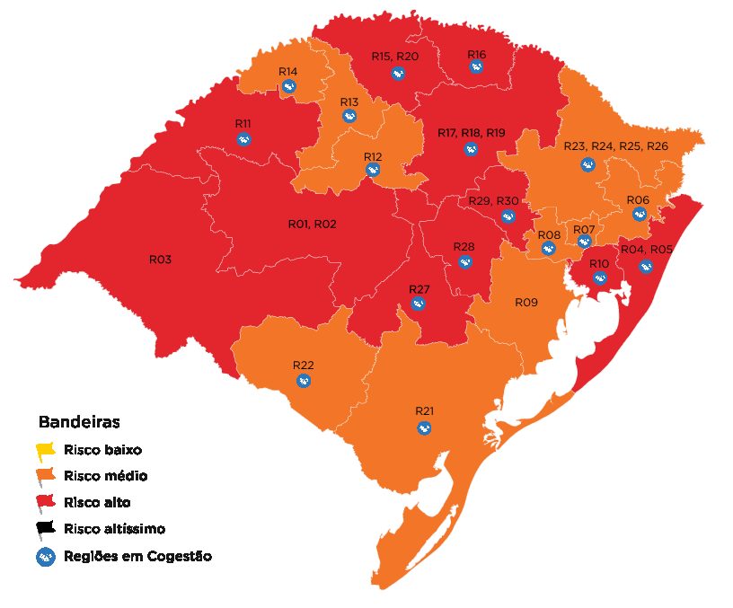 Covid-19 no RS: mapa preliminar da 39ª rodada indica 11 regiões em vermelho e 10 em laranja