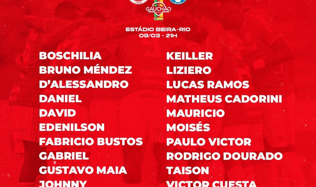 Inter divulga relacionados para o Gre-Nal sem Palácios e Caio Vidal